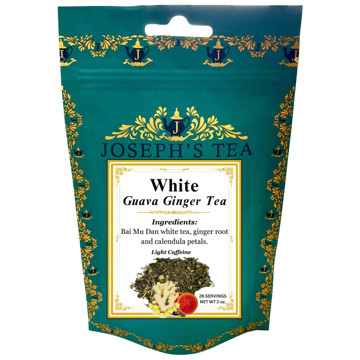 Tea package for 'White Guava Ginger Tea' by Joseph's Tea with decorative elements.