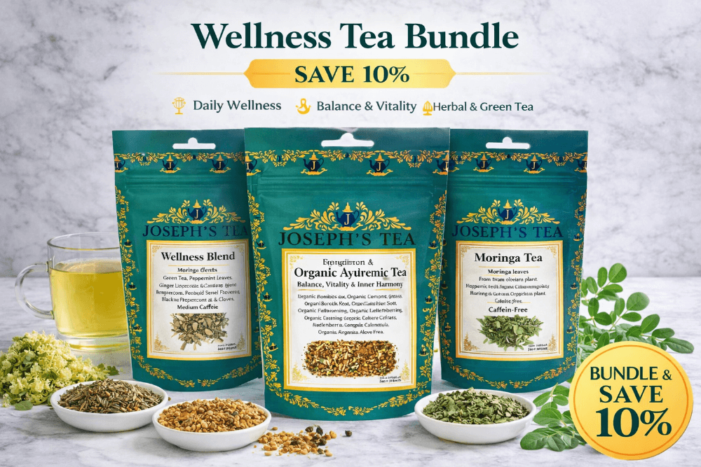Three packages of Jonti-Craft Wellness Tea with ingredients and a cup of tea on a light background.