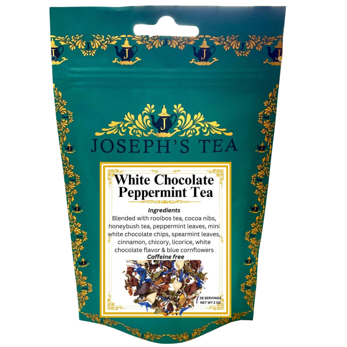 Tea package for 'White Chocolate Peppermint Tea' by Joseph's Tea with decorative elements.