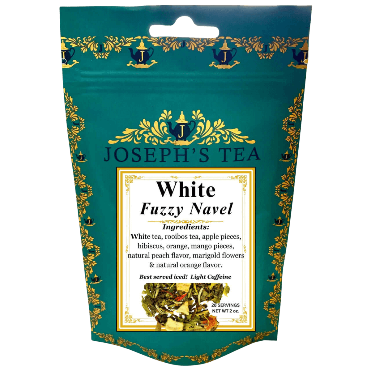 Tea package for 'White Fuzzy Navel' by Joseph's Tea with decorative elements.
