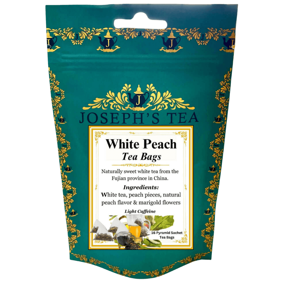 Pack of Joseph's Tea White Peach Tea Bags with decorative design on a white background