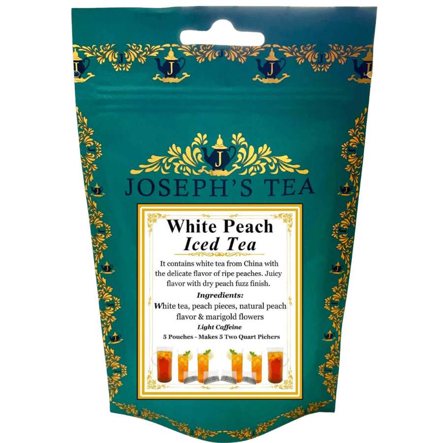Packaging of Joseph's Tea White Peach Iced Tea with decorative elements and product description.