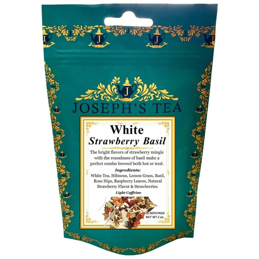 Packaging of Joseph's Tea White Strawberry Basil on a white background