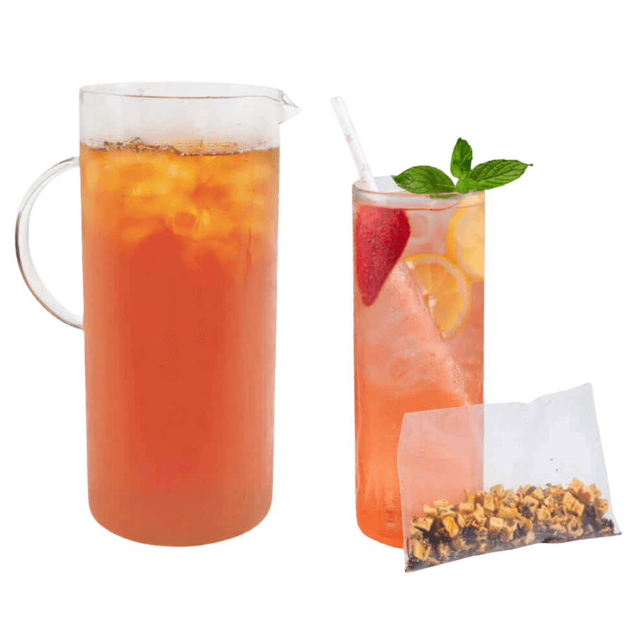 Two glasses of iced tea with a tea bag on a white background