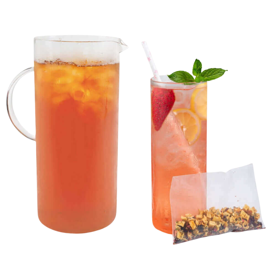 Two glasses of iced tea with a tea bag on a white background