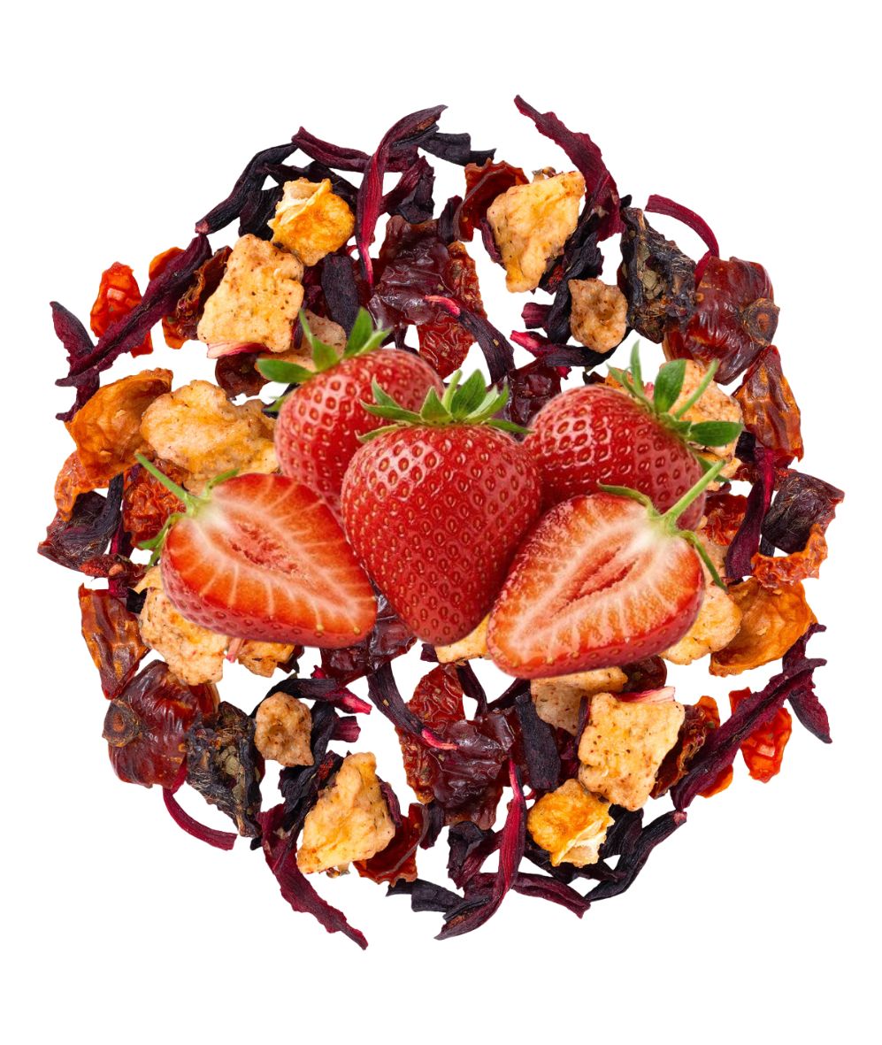 A circular arrangement of loose-leaf herbal tea featuring whole and sliced red strawberries, dark red hibiscus flowers, dried orange citrus slices, and beige dried flower petals on a solid white background.