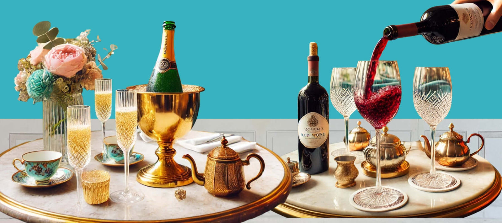 Table setting with wine bottles, glasses, and tea set against a teal background