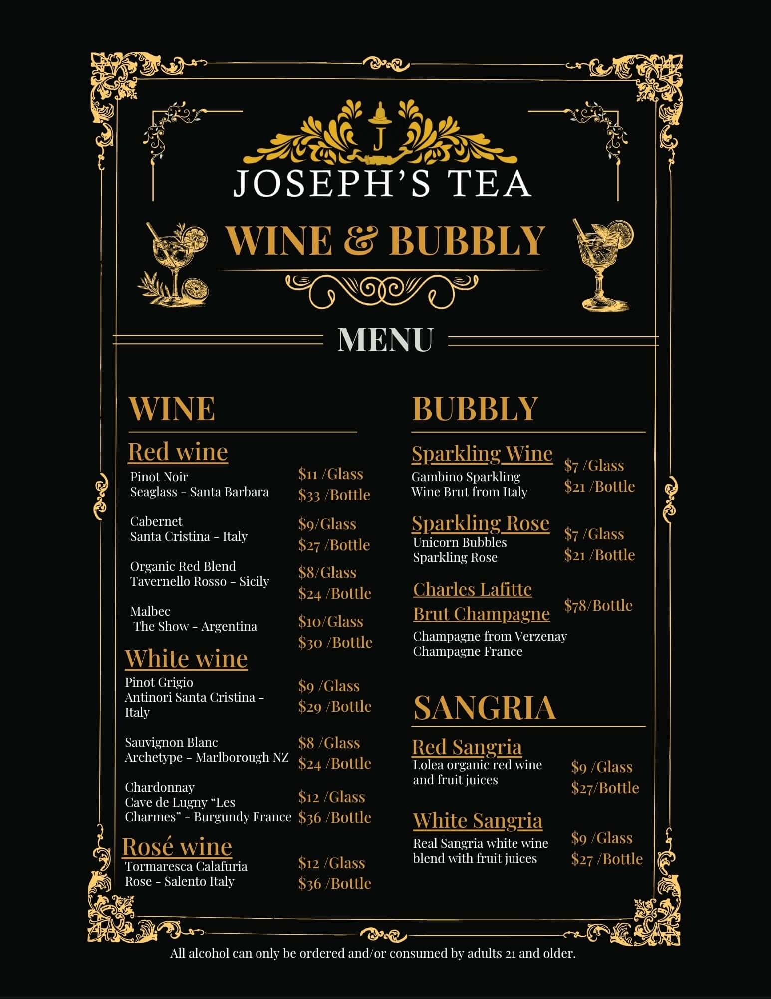 Joseph's Tea Wine & Bubbly menu with gold text and designs on a black background