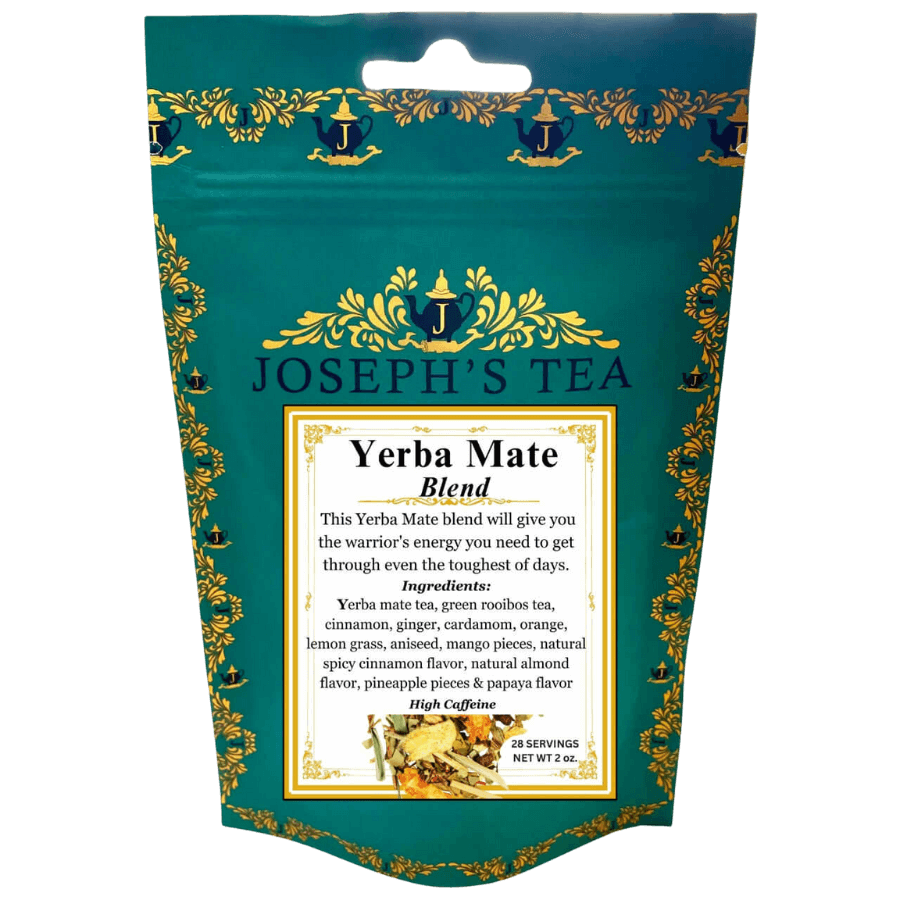 Tea package for Yerba Mate Blend by Joseph's Tea with decorative design and text.