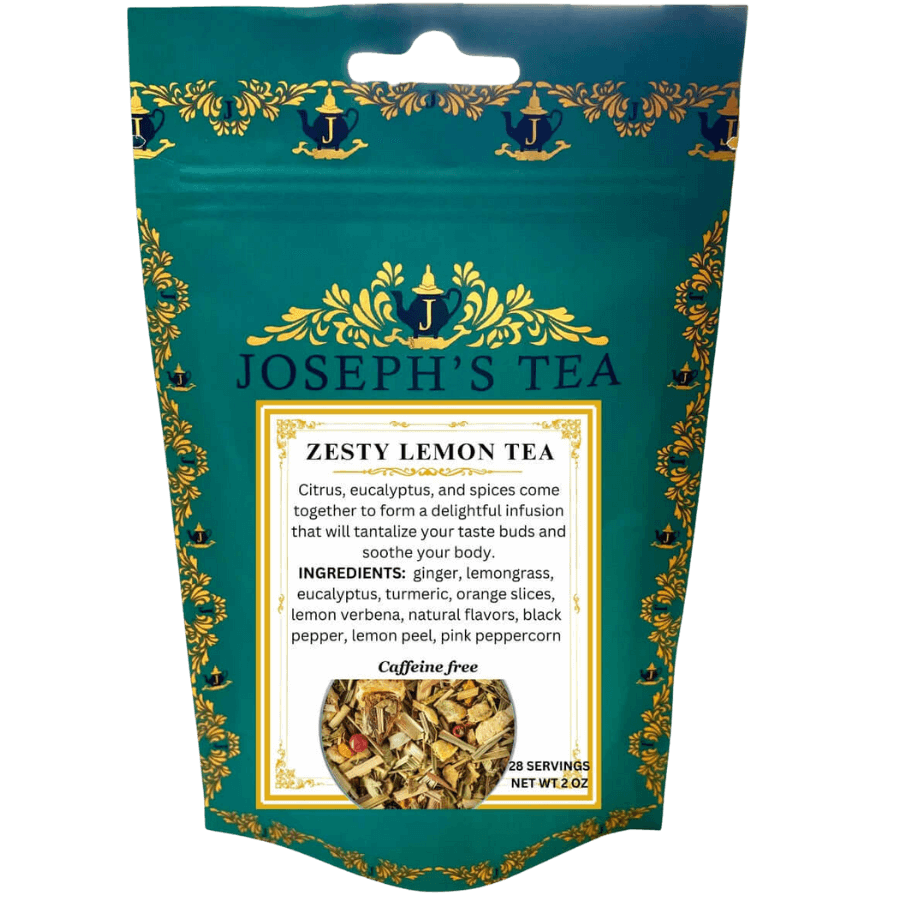 Tea package for 'Zesty Lemon Tea' by Joseph's Tea with decorative design and text.