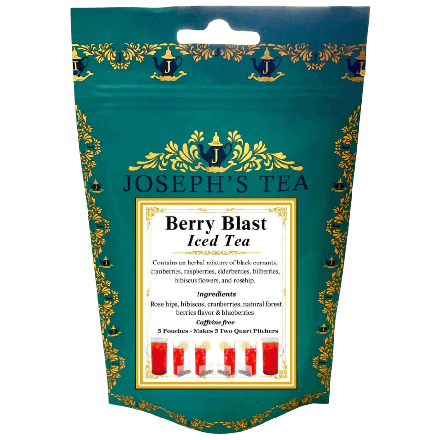 Packaging of Joseph's Tea Berry Blast Iced Tea with decorative elements.