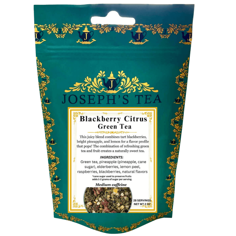 Packaging of Joseph's Tea Blackberry Citrus Green Tea on a white background