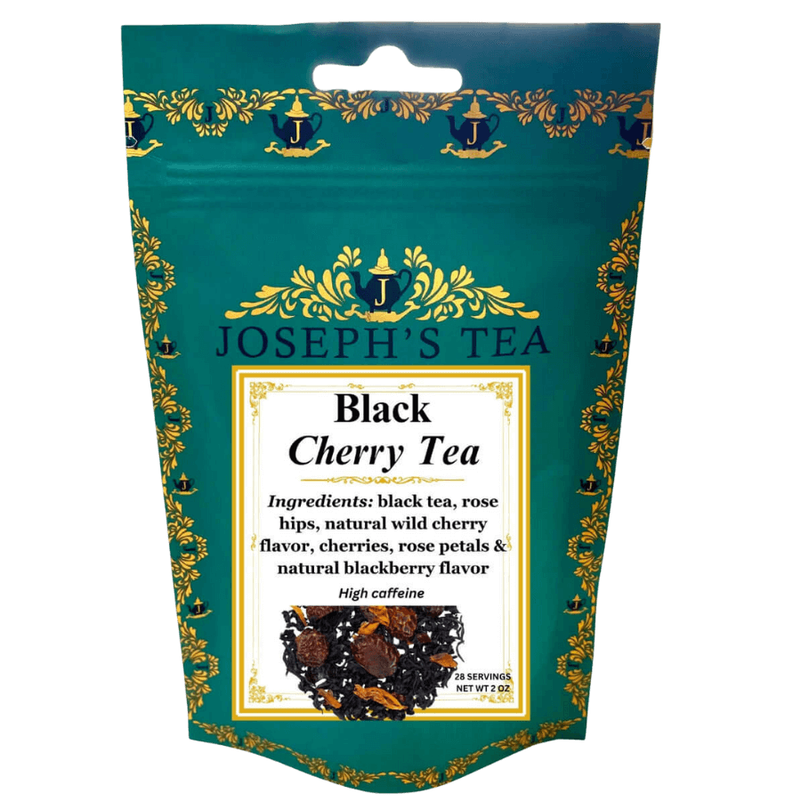 Packaging of Joseph's Tea Black Cherry Tea with decorative elements on a white background