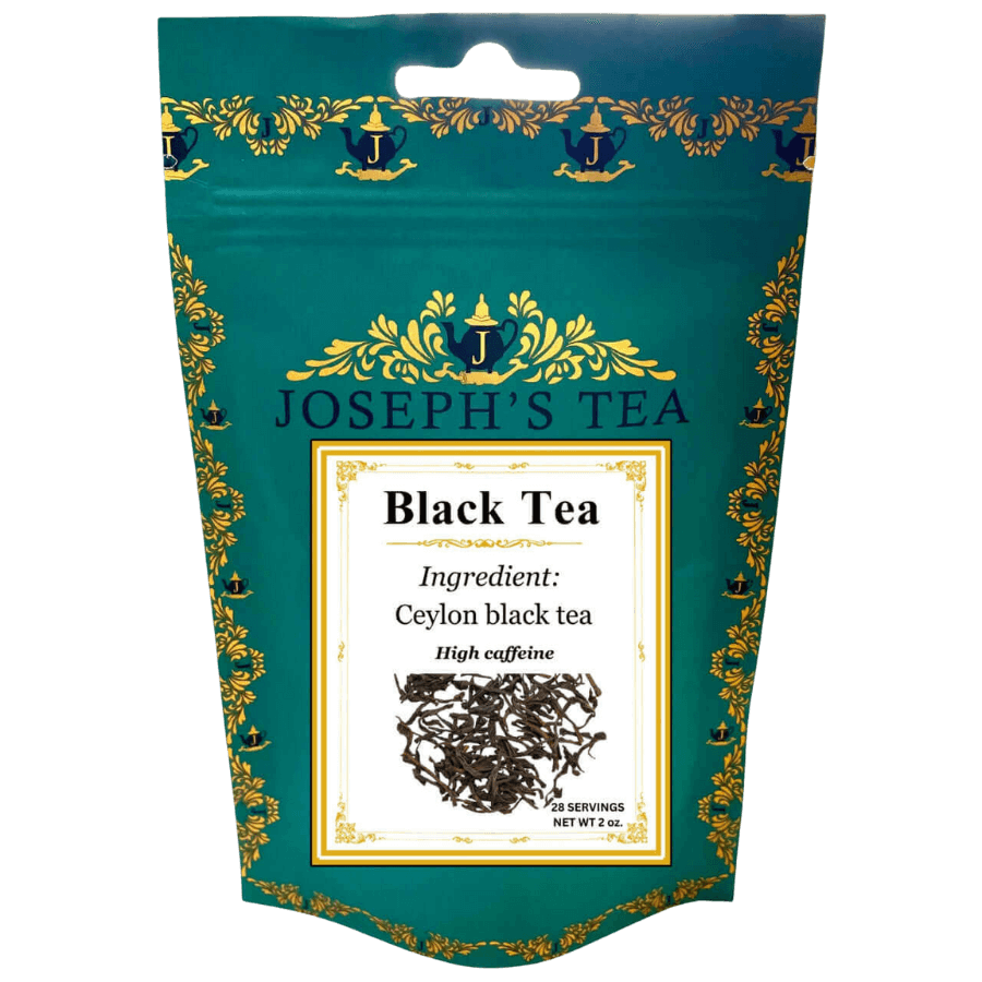 Black Tea package with 'Joseph's Tea' branding on a white background