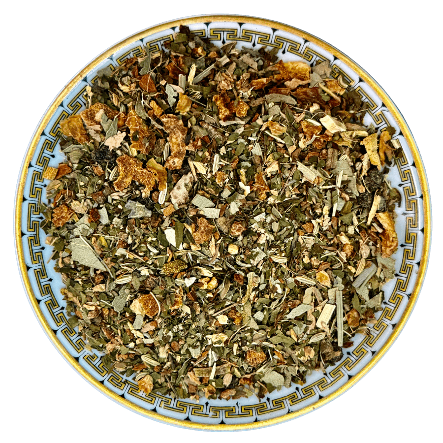 Herbal tea mix on a decorative ceramic plate