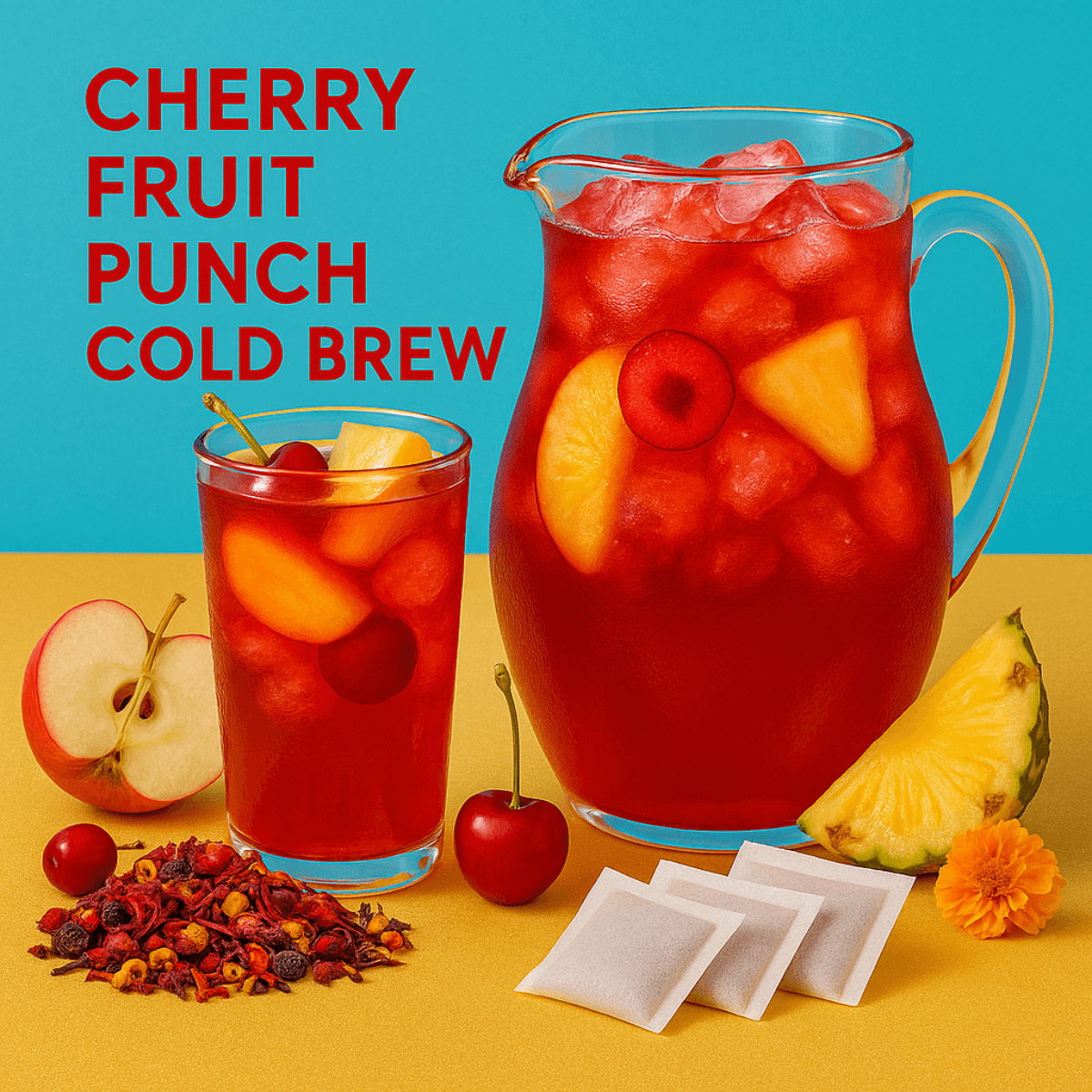 Cherry fruit punch cold brew with a pitcher and glass on a yellow and blue background