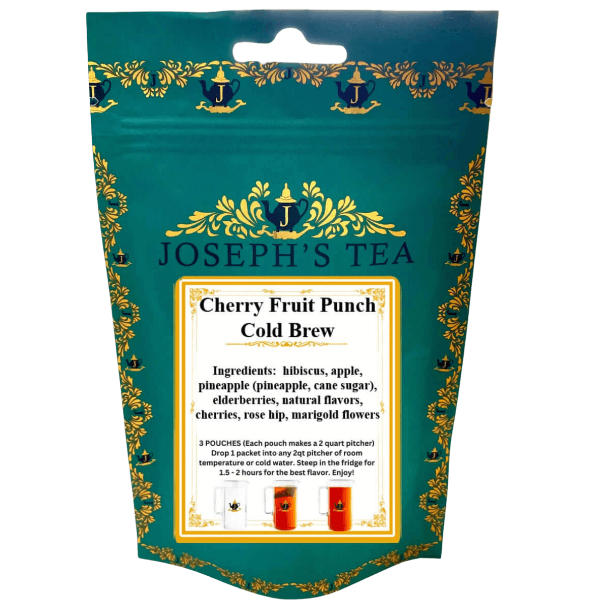 Packaging of Joseph's Tea Cherry Fruit Punch Cold Brew with decorative elements.