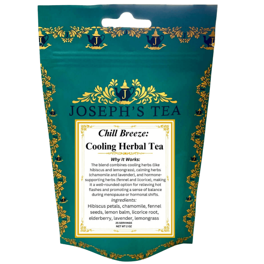 Tea package for 'Chill Breeze' cooling herbal tea by Joseph's Tea with decorative elements.