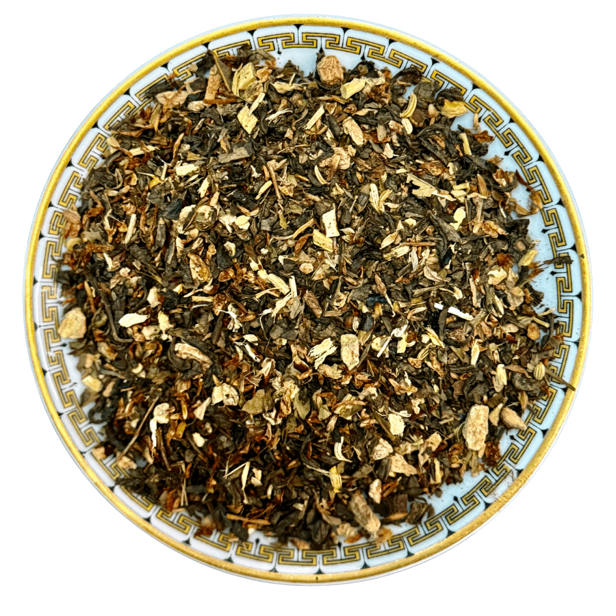 Tea leaves on a decorative plate with a white background
