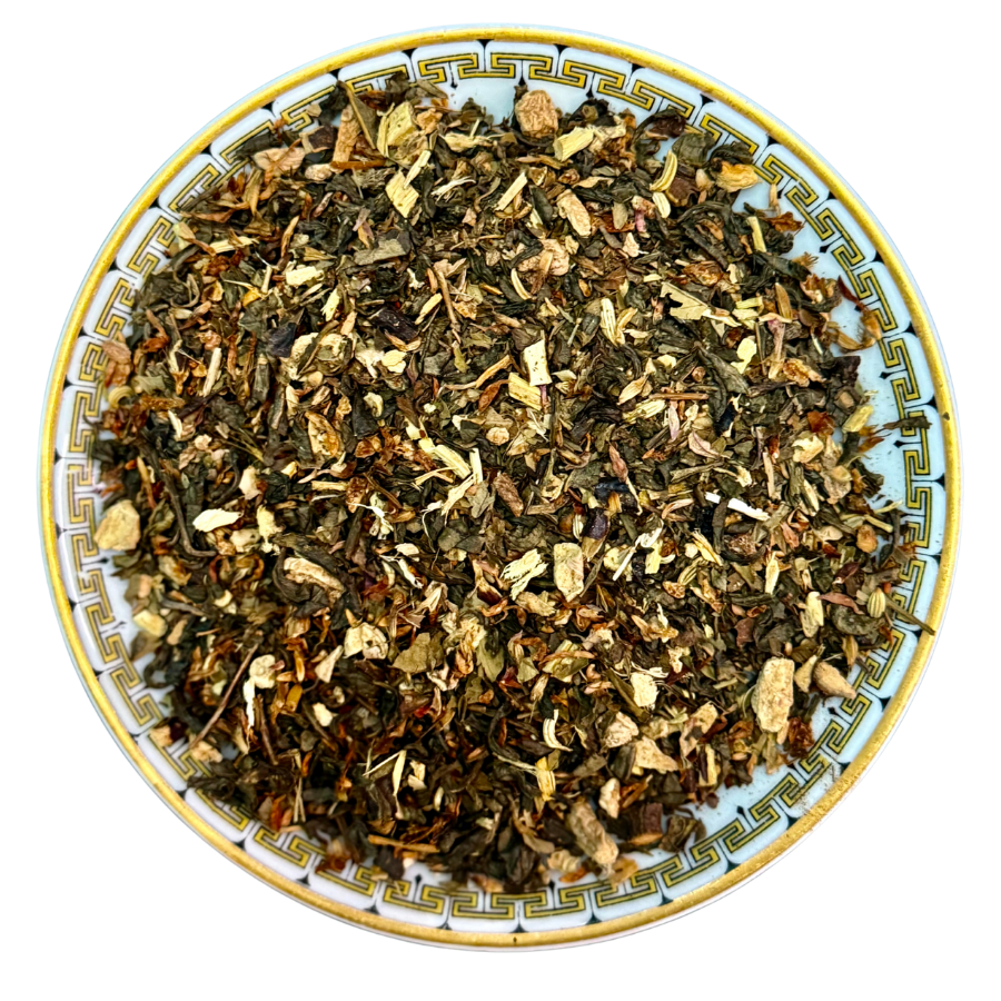 Tea leaves on a decorative plate with a white background