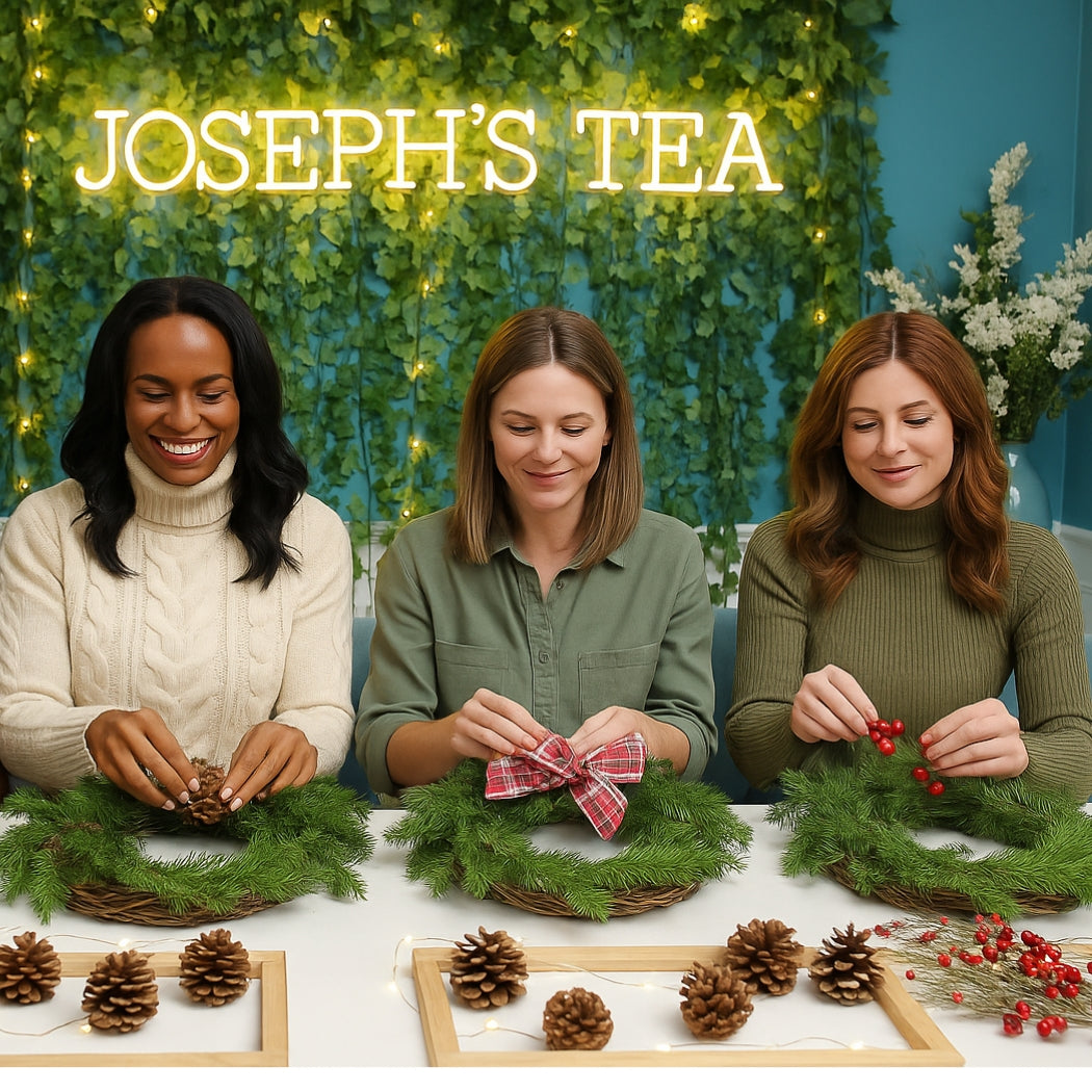 Three women making Christmas wreaths with decorative elements, with 'Joseph's Tea' branding.