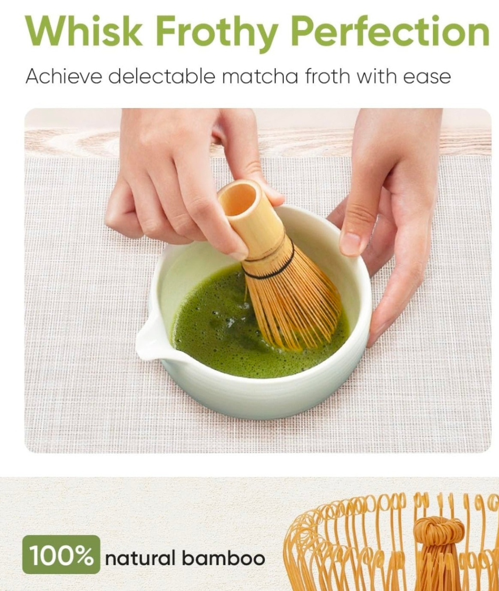 Person using a bamboo whisk to mix matcha in a bowl with text about achieving delectable matcha froth.