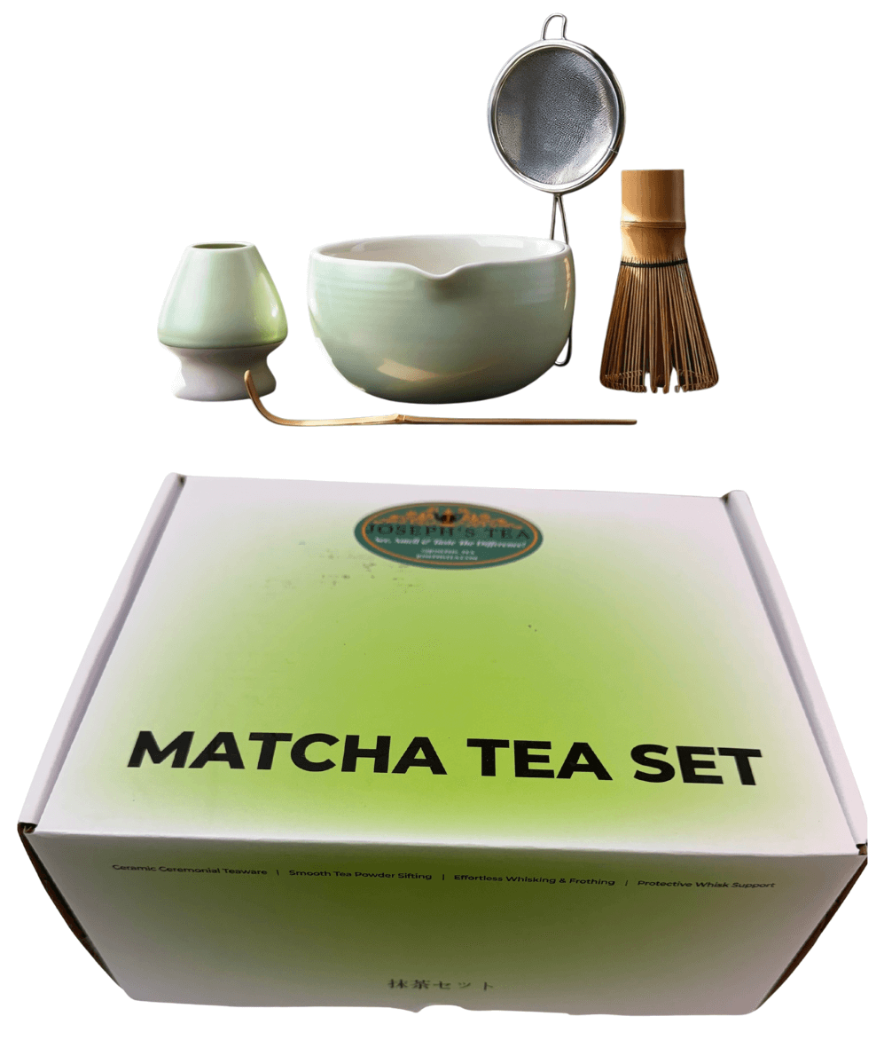 Matcha preparation set including a bowl, whisk, scoop, and strainer, ideal for authentic matcha tea preparation.