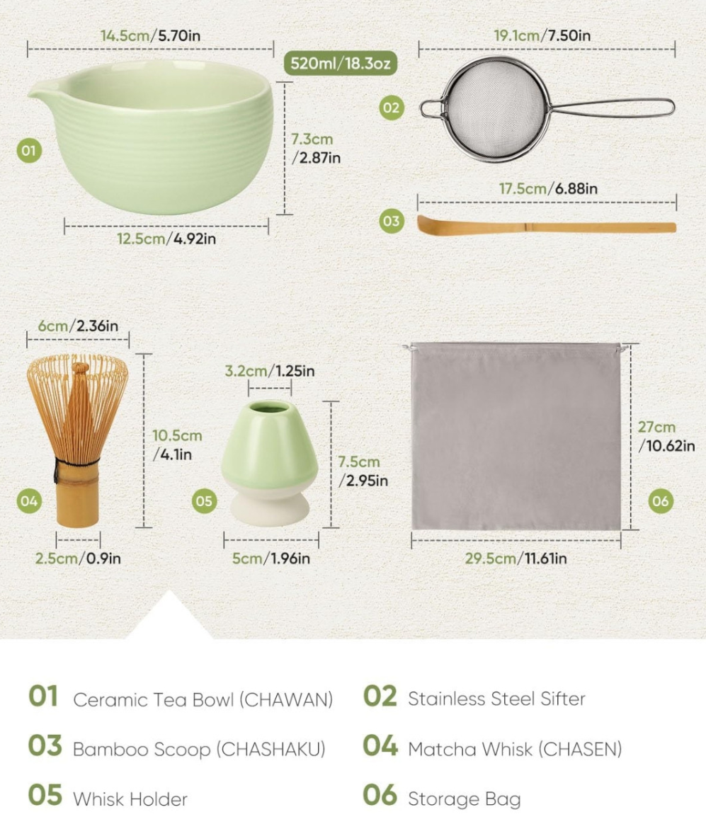 Set of tea-making tools with dimensions and labels on a white background