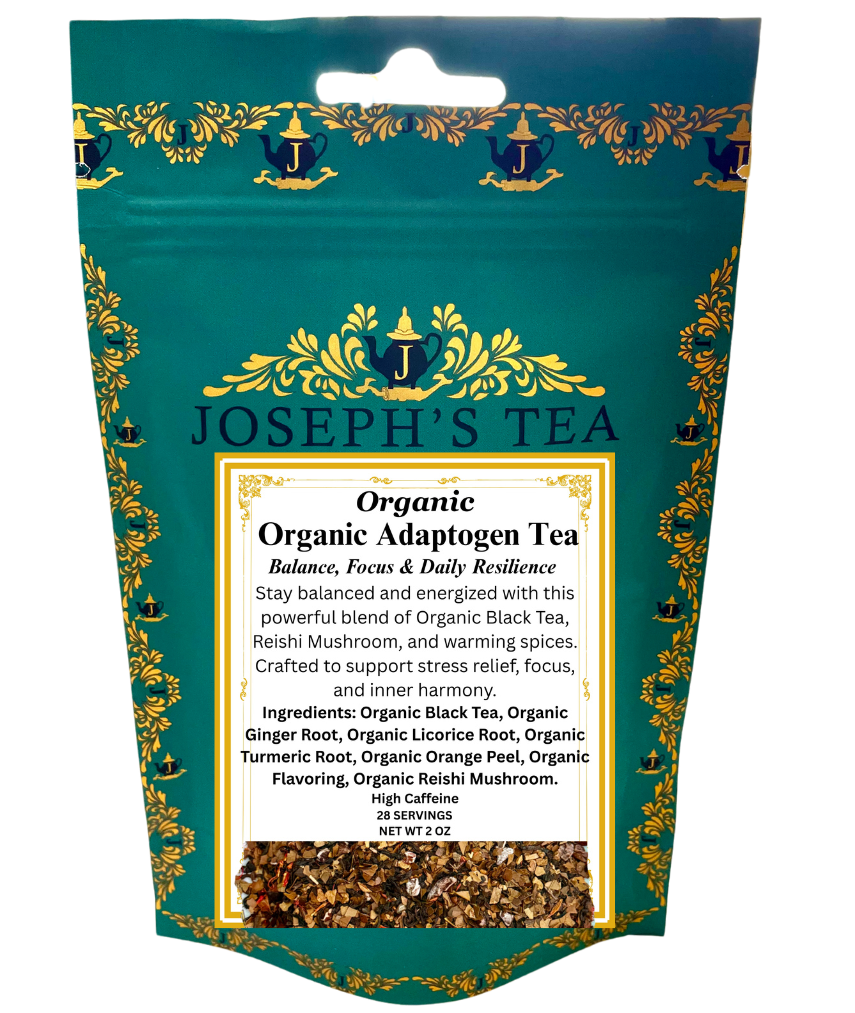 Joseph's Tea Organic Adaptogen Tea package with decorative elements and text.
