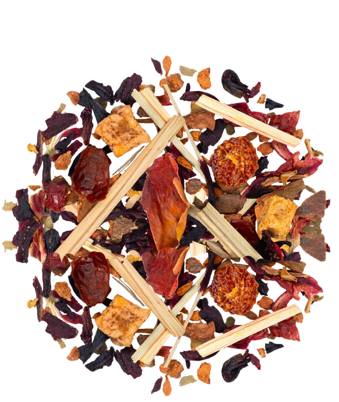 Assorted dried herbs and spices with wooden sticks on a white background