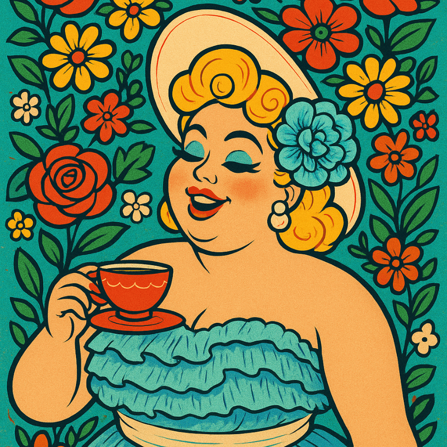 Colorful illustration of a woman holding a teacup surrounded by flowers on a teal background