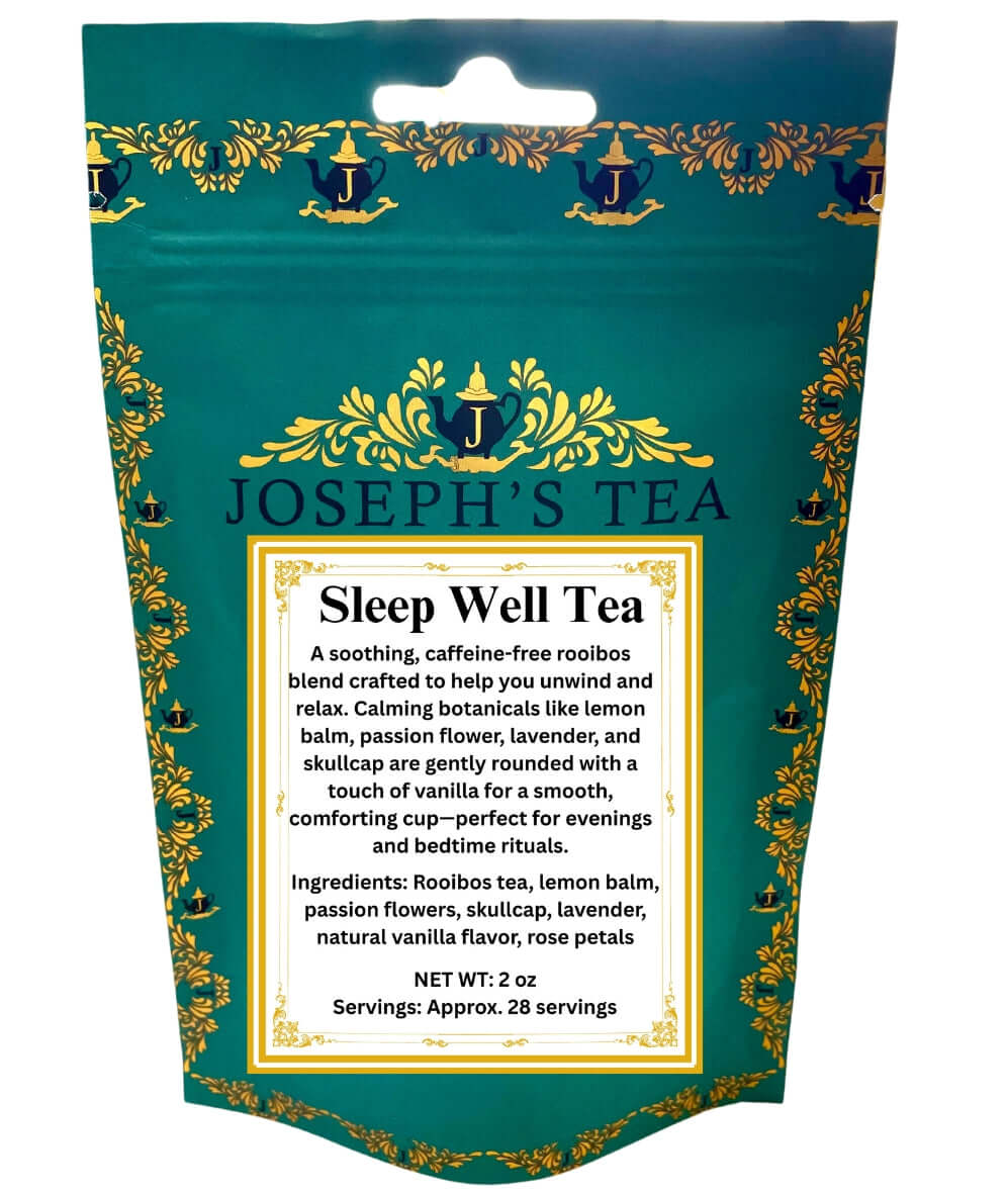 Sleep Well Tea herbal sleep tea packaging featuring calming botanicals for relaxation.