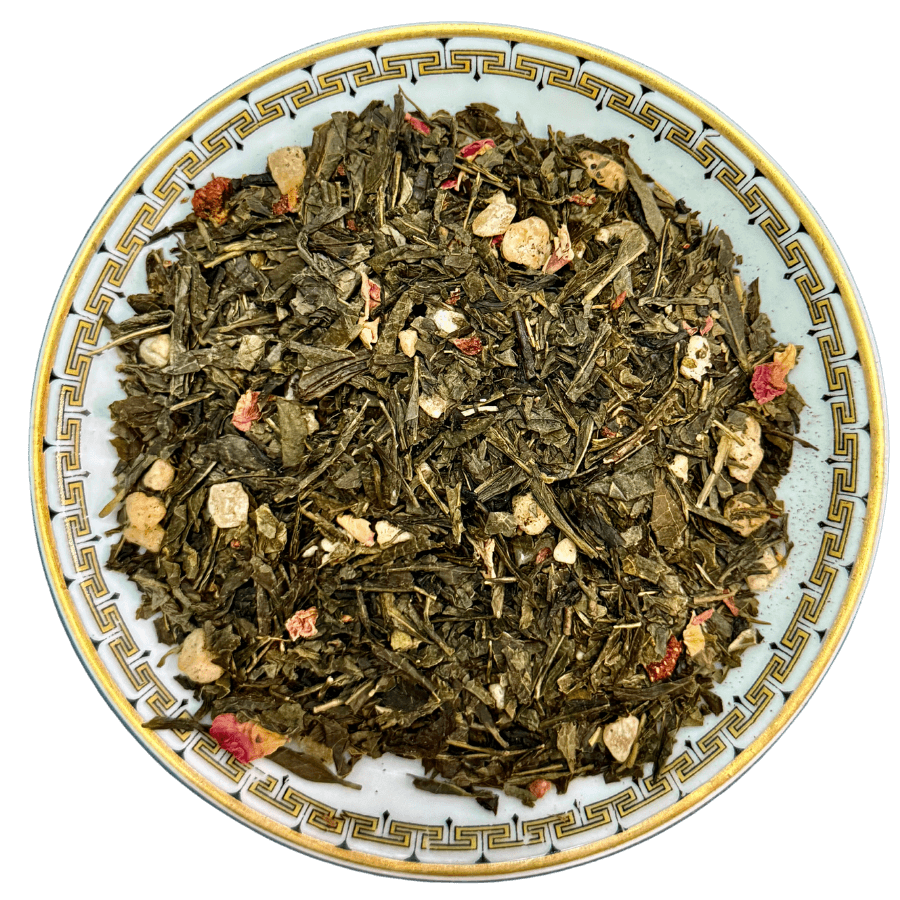 Tea leaves on a decorative ceramic plate with intricate patterns