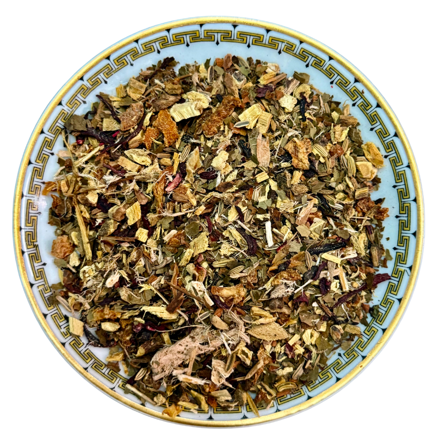 Mixture of dried herbs and leaves on a decorative plate with a white background